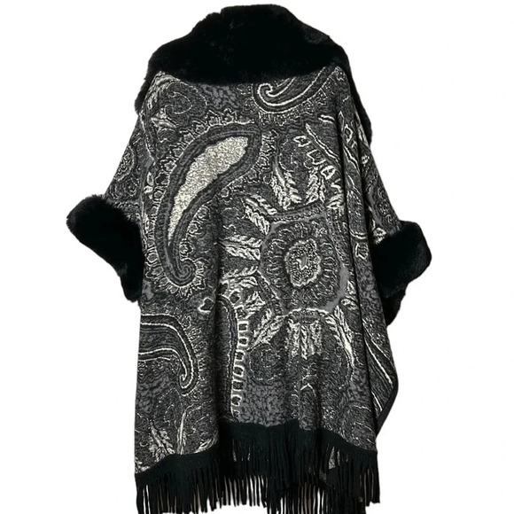 penny lane,open front wrap,shawl,cape,black faux fur trim,fringes,glam,one size - Picture 4 of 15